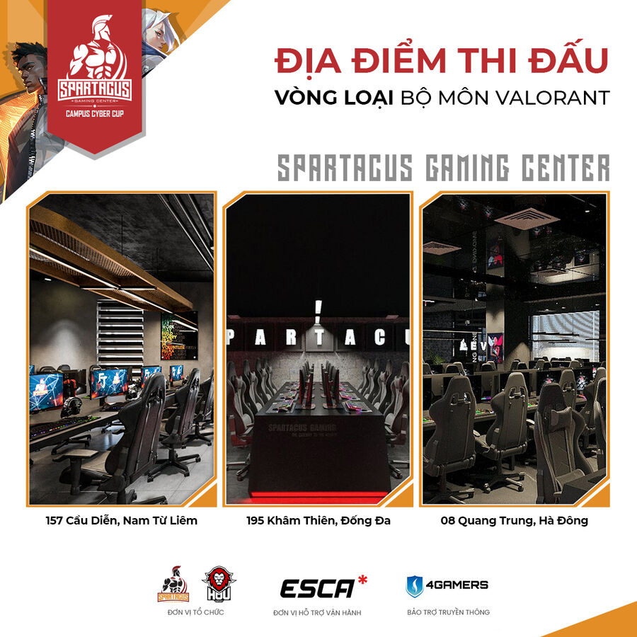 Địa điểm thi đấu vòng loại giải đấu Valorant 3C tại 3 cơ sở của Spartacus Gaming Center
